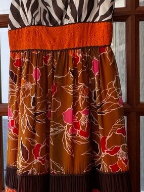 Max & Cleo Brown Orange Floral Tiered Dress with Pink Accents, Size 6